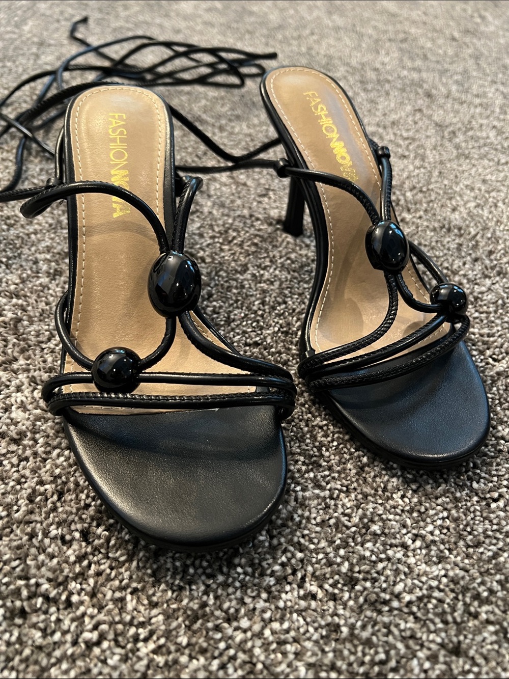 Fashion Nova Black Beaded Lace-Up Stiletto Sandals
